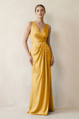 V - Neck Satin Ruched Sheath Bridesmaid Dress in Gold - KissProm Bridesmaid Dresses