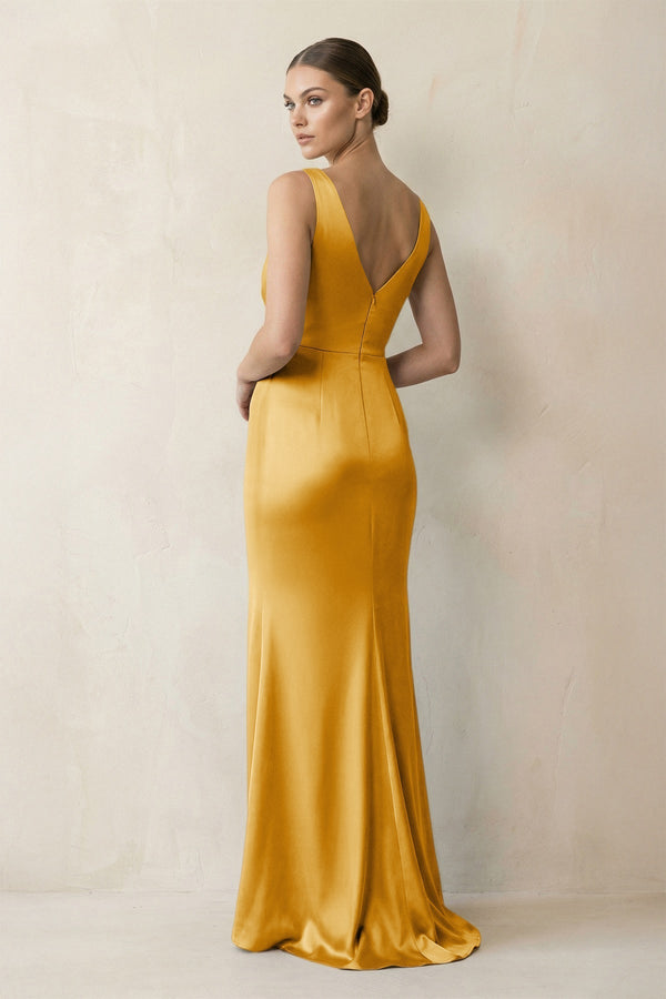 V - Neck Satin Ruched Sheath Bridesmaid Dress in Gold - KissProm Bridesmaid Dresses
