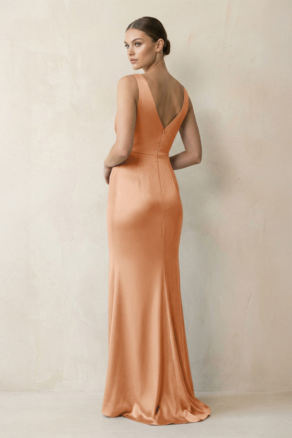 V - Neck Satin Ruched Sheath Bridesmaid Dress in Golden Champagne - KissProm Bridesmaid Dresses