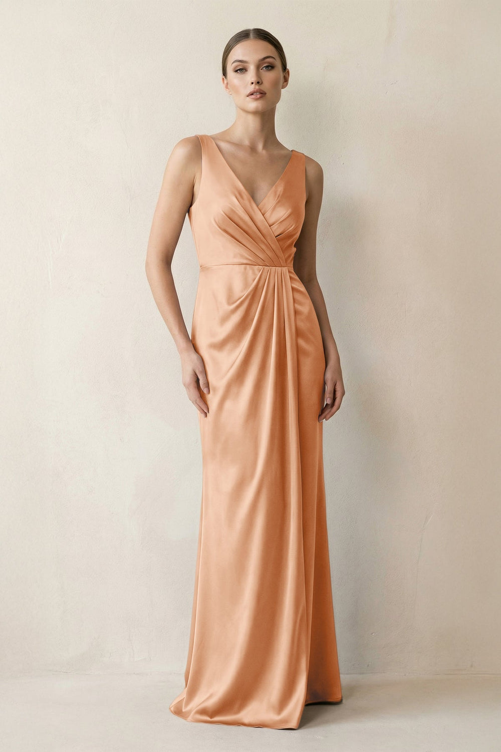 V - Neck Satin Ruched Sheath Bridesmaid Dress in Golden Champagne - KissProm Bridesmaid Dresses