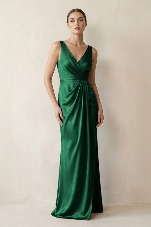 V - Neck Satin Ruched Sheath Bridesmaid Dress in Green - KissProm Bridesmaid Dresses