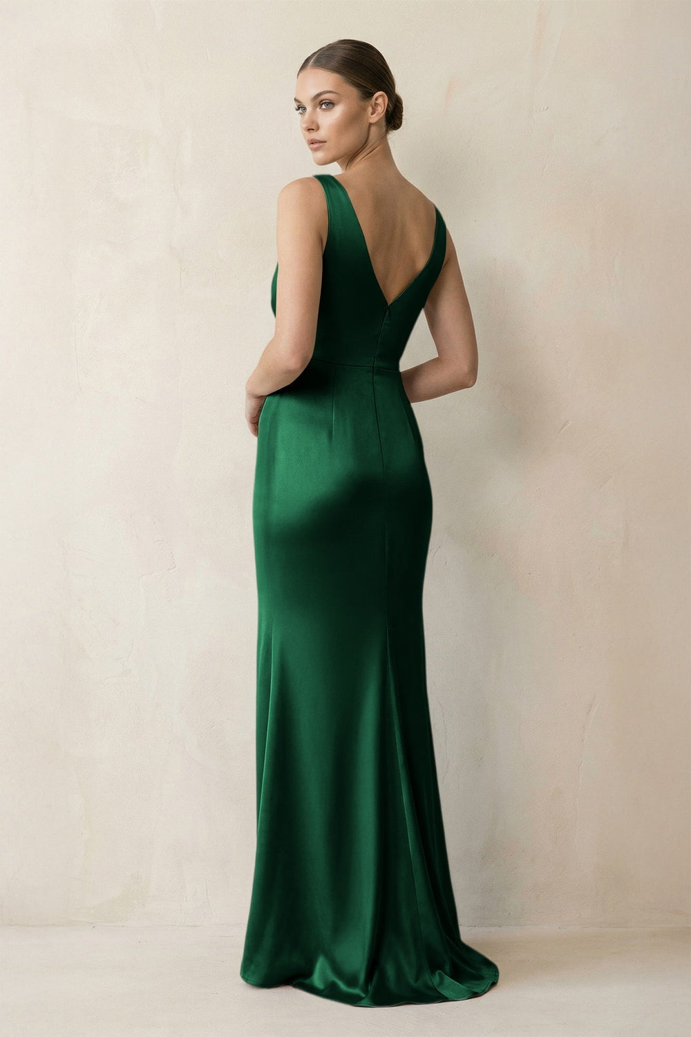 V - Neck Satin Ruched Sheath Bridesmaid Dress in Green - KissProm Bridesmaid Dresses