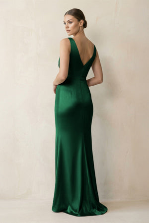V - Neck Satin Ruched Sheath Bridesmaid Dress in Green - KissProm Bridesmaid Dresses