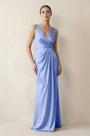 V - Neck Satin Ruched Sheath Bridesmaid Dress in Ice - KissProm Bridesmaid Dresses