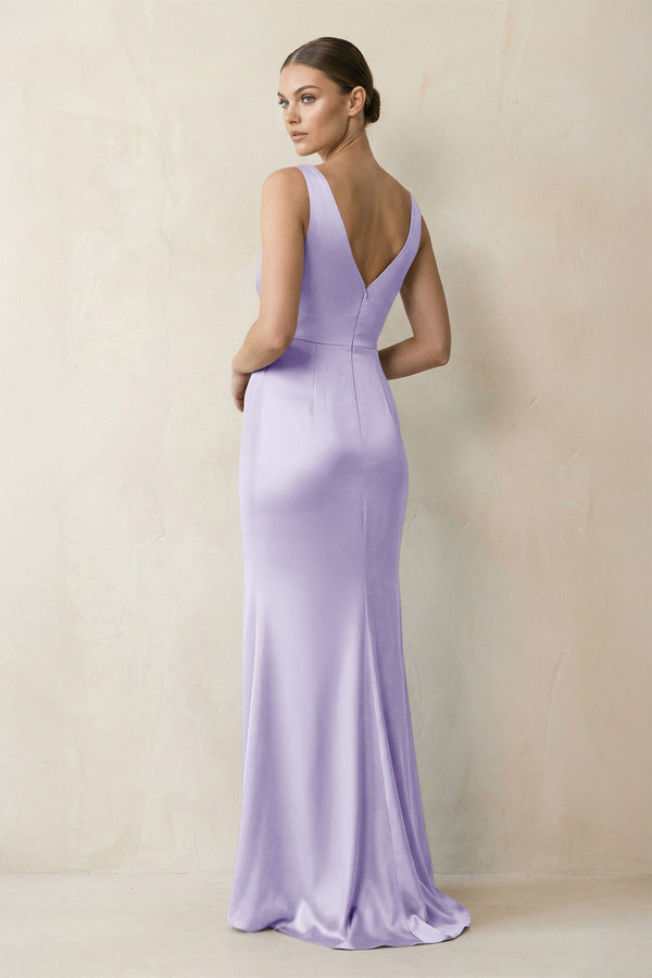 V - Neck Satin Ruched Sheath Bridesmaid Dress in Lavender - KissProm Bridesmaid Dresses