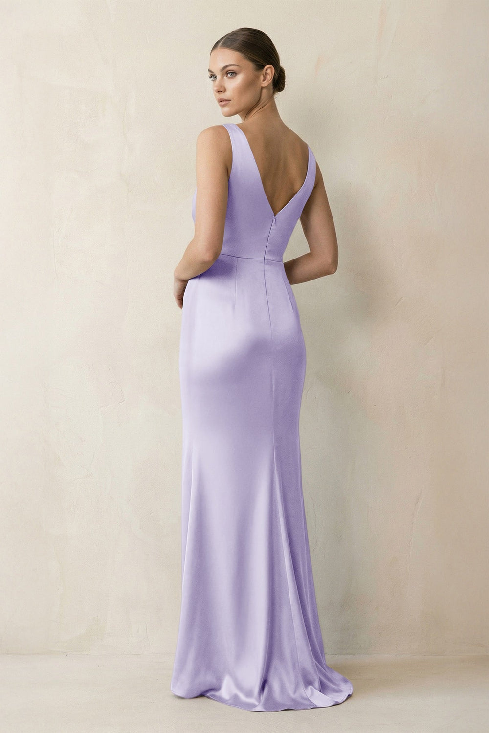 V - Neck Satin Ruched Sheath Bridesmaid Dress in Lavender - KissProm Bridesmaid Dresses