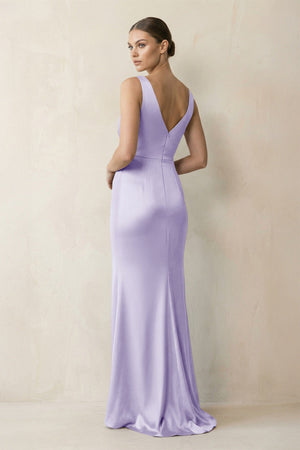 V - Neck Satin Ruched Sheath Bridesmaid Dress in Lavender - KissProm Bridesmaid Dresses
