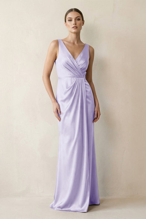 V - Neck Satin Ruched Sheath Bridesmaid Dress in Lavender - KissProm Bridesmaid Dresses