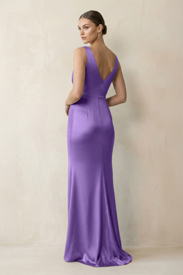 V - Neck Satin Ruched Sheath Bridesmaid Dress in Lilac - KissProm Bridesmaid Dresses
