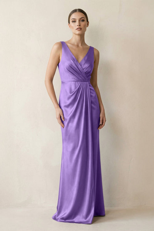 V - Neck Satin Ruched Sheath Bridesmaid Dress in Lilac - KissProm Bridesmaid Dresses