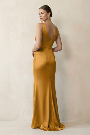 V - Neck Satin Ruched Sheath Bridesmaid Dress in Marigold - KissProm Bridesmaid Dresses