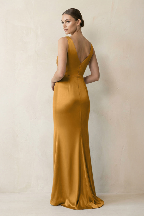 V - Neck Satin Ruched Sheath Bridesmaid Dress in Marigold - KissProm Bridesmaid Dresses