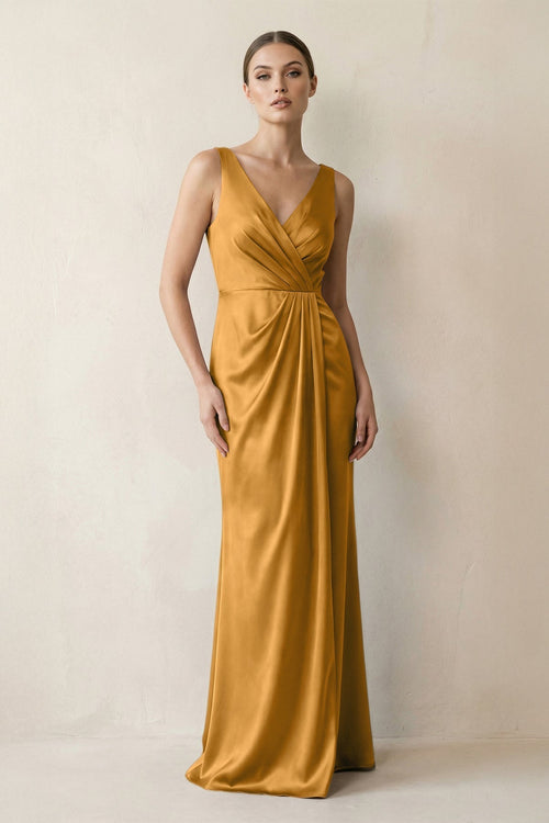 V - Neck Satin Ruched Sheath Bridesmaid Dress in Marigold - KissProm Bridesmaid Dresses