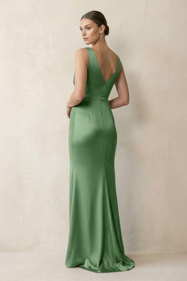 V - Neck Satin Ruched Sheath Bridesmaid Dress in Matcha - KissProm Bridesmaid Dresses