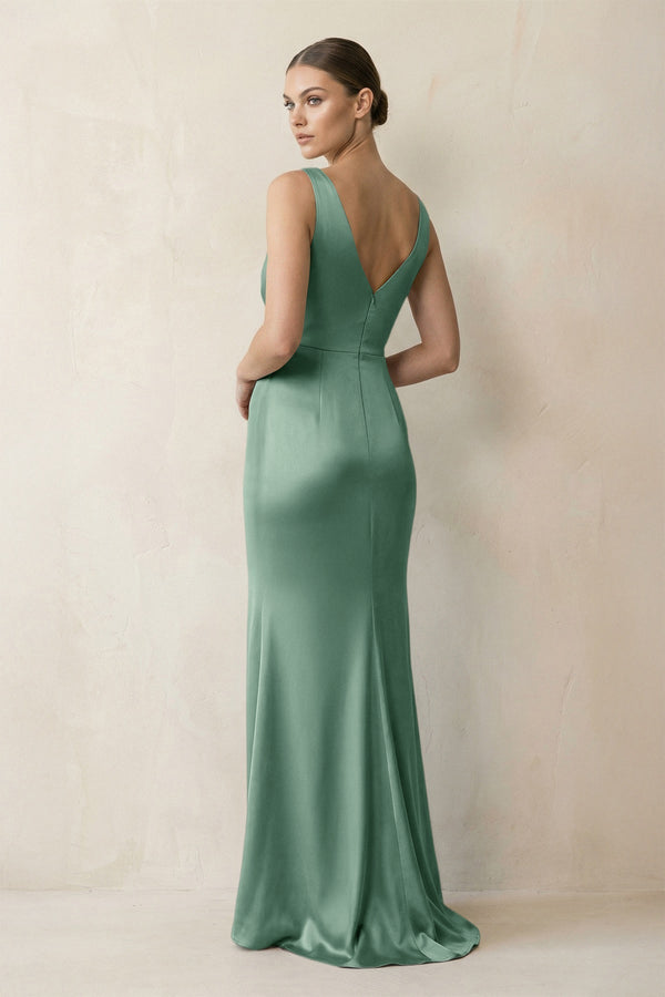 V - Neck Satin Ruched Sheath Bridesmaid Dress in Mint Green - KissProm Bridesmaid Dresses