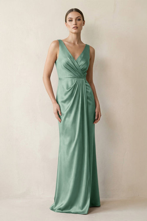 V - Neck Satin Ruched Sheath Bridesmaid Dress in Mint Green - KissProm Bridesmaid Dresses