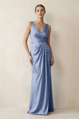 V - Neck Satin Ruched Sheath Bridesmaid Dress in Mist - KissProm Bridesmaid Dresses