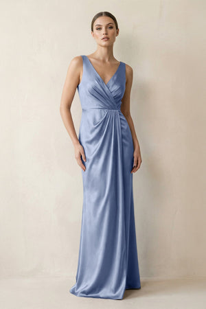 V - Neck Satin Ruched Sheath Bridesmaid Dress in Mist - KissProm Bridesmaid Dresses