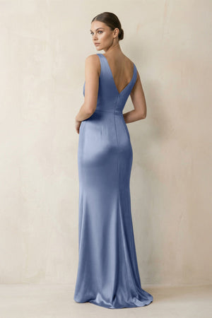 V - Neck Satin Ruched Sheath Bridesmaid Dress in Mist - KissProm Bridesmaid Dresses