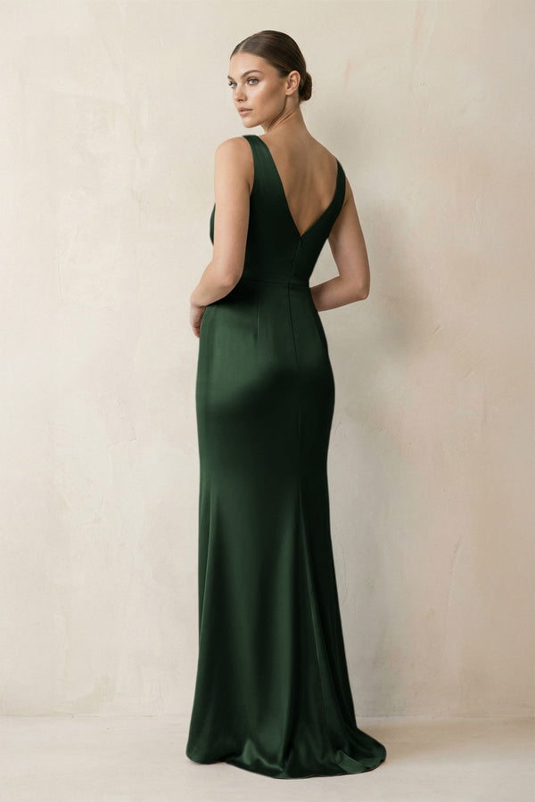 V - Neck Satin Ruched Sheath Bridesmaid Dress in Moss - KissProm Bridesmaid Dresses