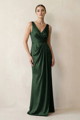 V - Neck Satin Ruched Sheath Bridesmaid Dress in Moss - KissProm Bridesmaid Dresses
