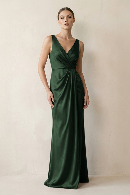 V - Neck Satin Ruched Sheath Bridesmaid Dress in Moss - KissProm Bridesmaid Dresses