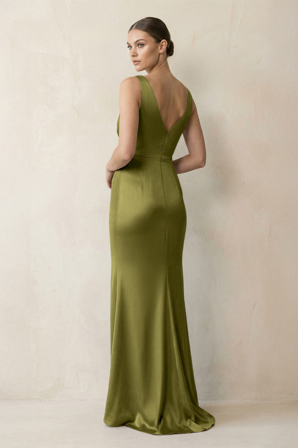 V - Neck Satin Ruched Sheath Bridesmaid Dress in Moss Green - KissProm Bridesmaid Dresses
