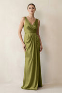 V - Neck Satin Ruched Sheath Bridesmaid Dress in Moss Green - KissProm Bridesmaid Dresses