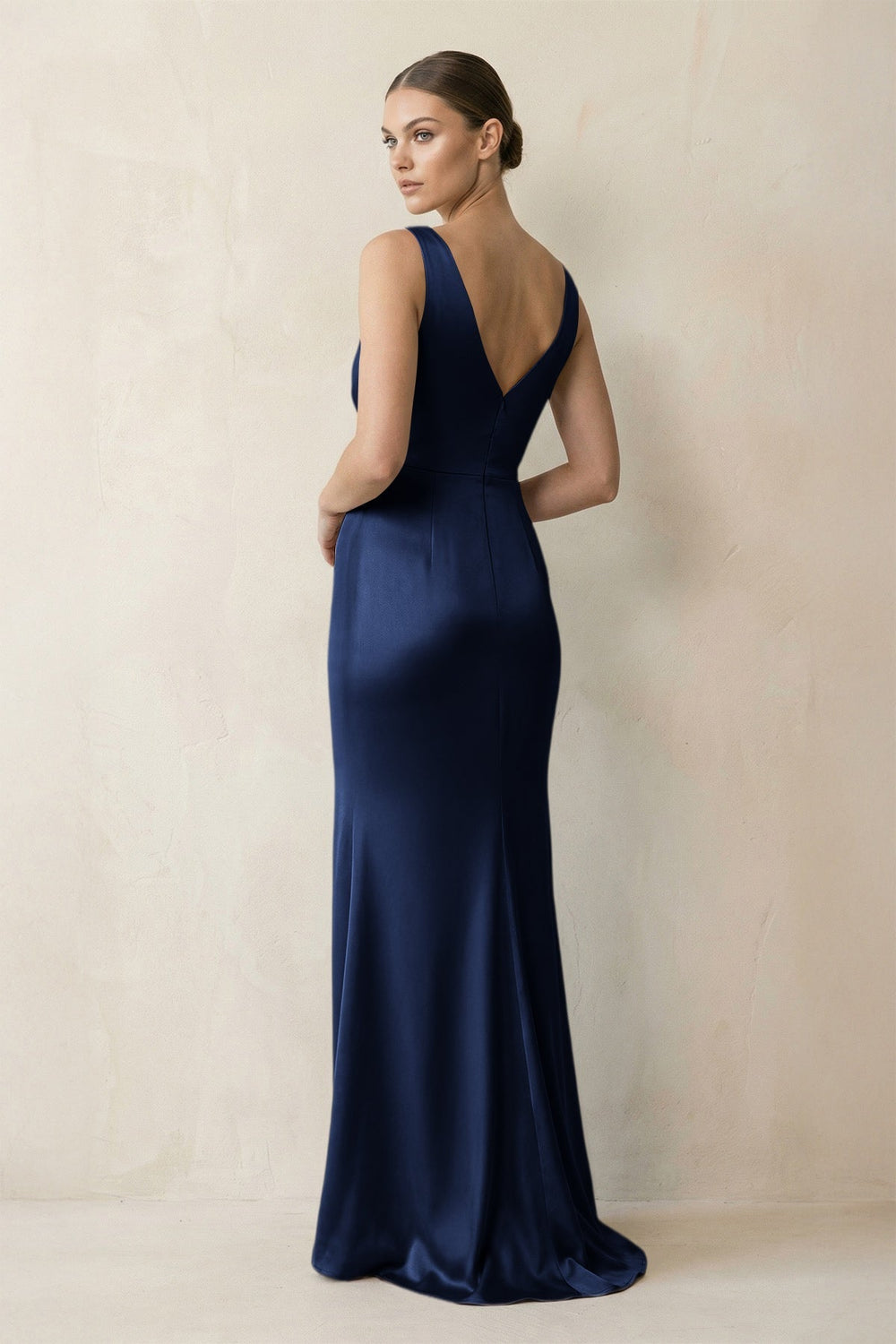 V - Neck Satin Ruched Sheath Bridesmaid Dress in Navy - KissProm Bridesmaid Dresses