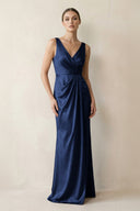 V - Neck Satin Ruched Sheath Bridesmaid Dress in Navy - KissProm Bridesmaid Dresses