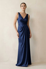 V - Neck Satin Ruched Sheath Bridesmaid Dress in Navy - KissProm Bridesmaid Dresses