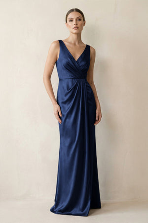 V - Neck Satin Ruched Sheath Bridesmaid Dress in Navy - KissProm Bridesmaid Dresses