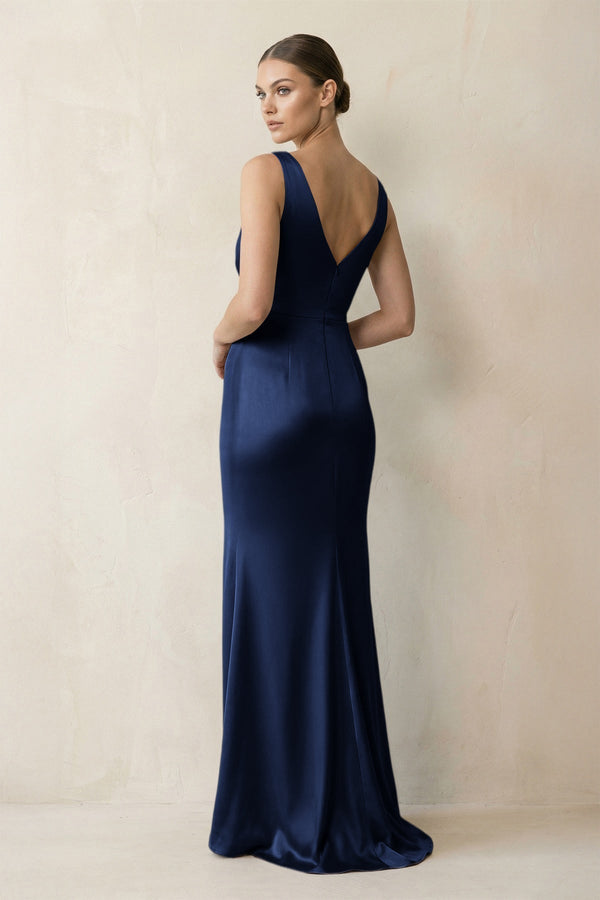 V - Neck Satin Ruched Sheath Bridesmaid Dress in Navy - KissProm Bridesmaid Dresses