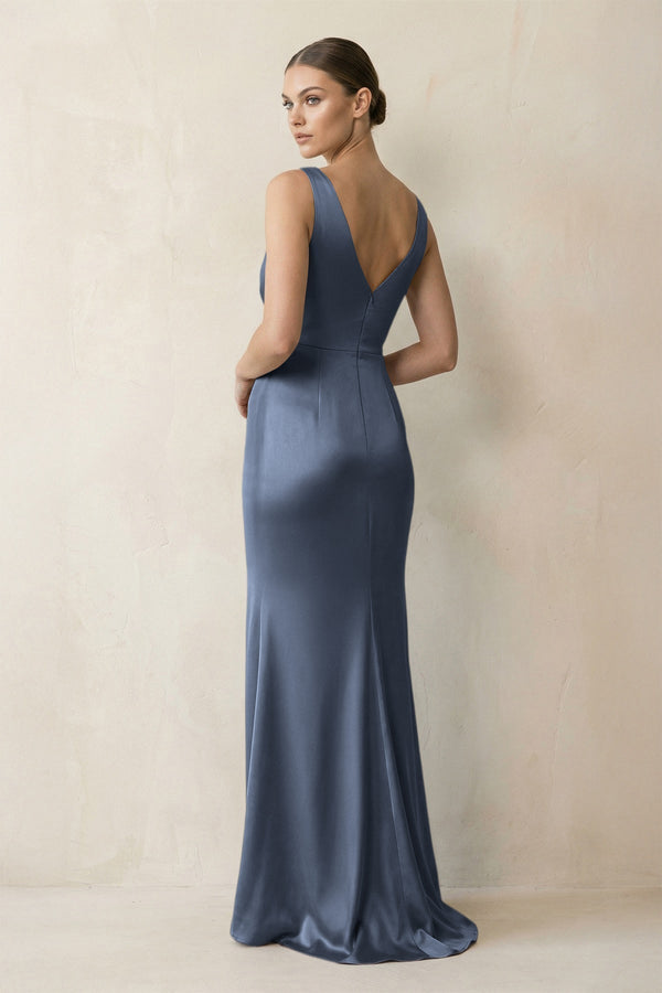 V - Neck Satin Ruched Sheath Bridesmaid Dress in Neptune - KissProm Bridesmaid Dresses