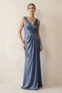 V - Neck Satin Ruched Sheath Bridesmaid Dress in Neptune - KissProm Bridesmaid Dresses