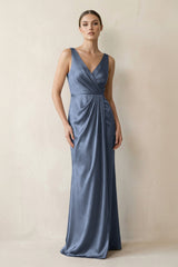 V - Neck Satin Ruched Sheath Bridesmaid Dress in Neptune - KissProm Bridesmaid Dresses