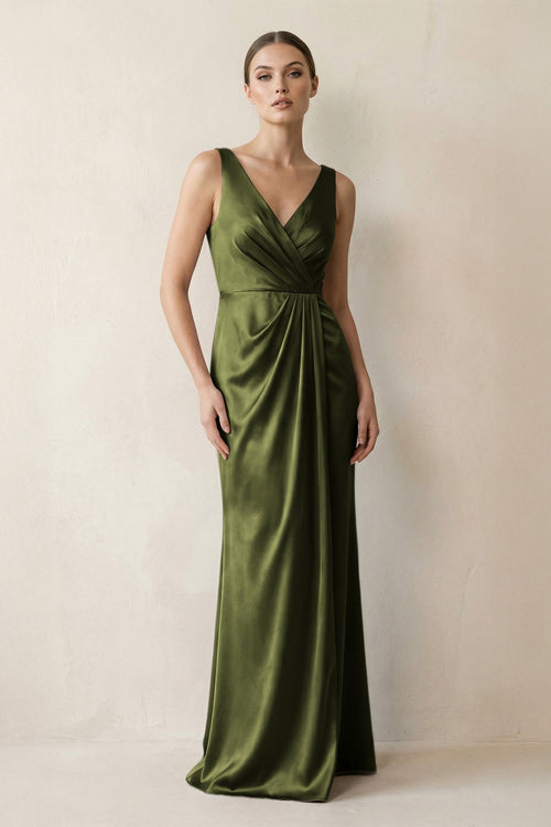 V - Neck Satin Ruched Sheath Bridesmaid Dress in Olive - KissProm Bridesmaid Dresses