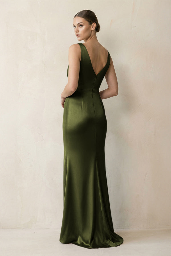 V - Neck Satin Ruched Sheath Bridesmaid Dress in Olive - KissProm Bridesmaid Dresses