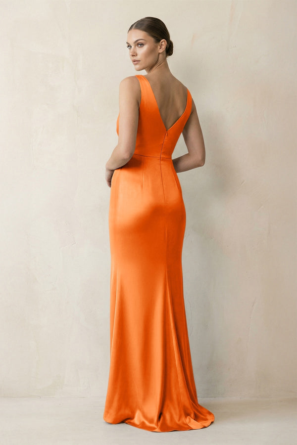 V - Neck Satin Ruched Sheath Bridesmaid Dress in Orange - KissProm Bridesmaid Dresses