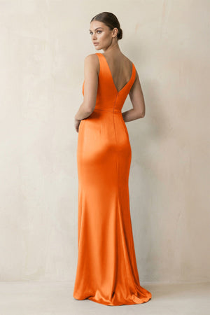 V - Neck Satin Ruched Sheath Bridesmaid Dress in Orange - KissProm Bridesmaid Dresses