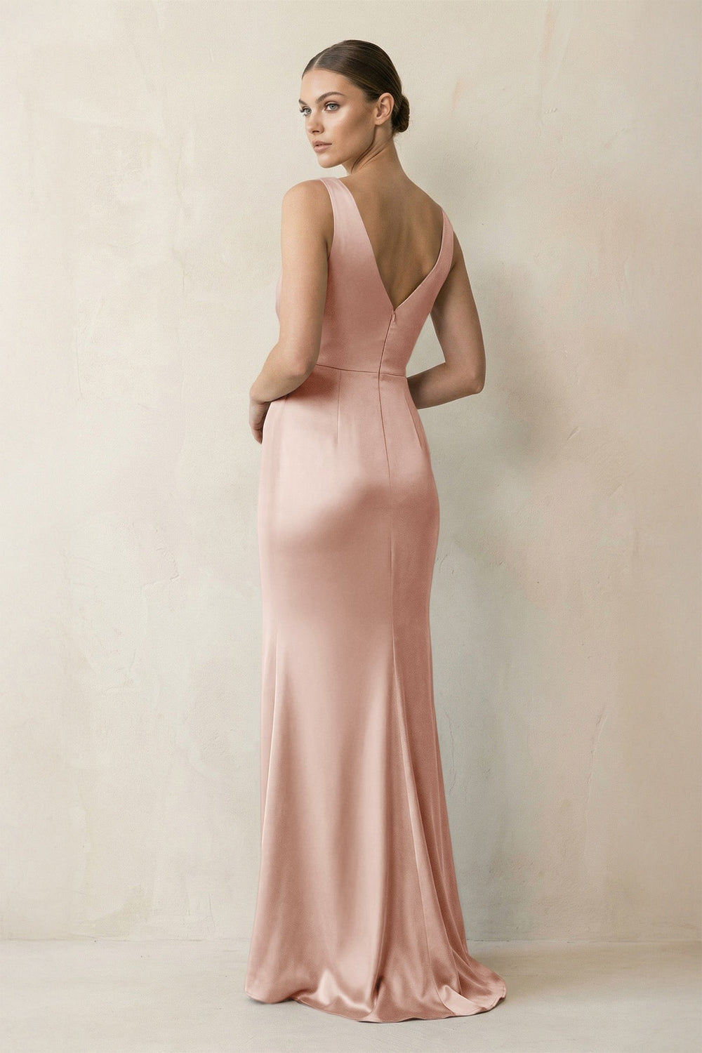 V - Neck Satin Ruched Sheath Bridesmaid Dress in Pale Blush - KissProm Bridesmaid Dresses