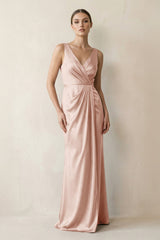 V - Neck Satin Ruched Sheath Bridesmaid Dress in Pale Blush - KissProm Bridesmaid Dresses