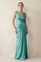 V - Neck Satin Ruched Sheath Bridesmaid Dress in Pale Pistachio - KissProm Bridesmaid Dresses