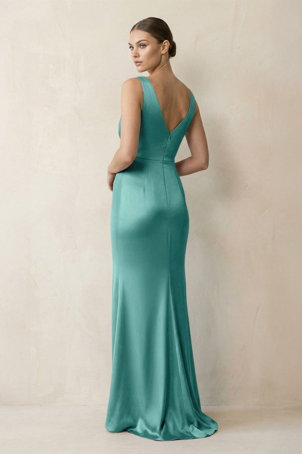 V - Neck Satin Ruched Sheath Bridesmaid Dress in Pale Pistachio - KissProm Bridesmaid Dresses