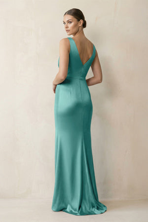 V - Neck Satin Ruched Sheath Bridesmaid Dress in Pale Pistachio - KissProm Bridesmaid Dresses