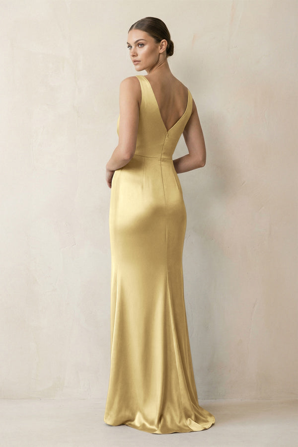 V - Neck Satin Ruched Sheath Bridesmaid Dress in Pastel Yellow - KissProm Bridesmaid Dresses