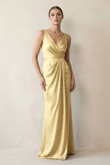 V - Neck Satin Ruched Sheath Bridesmaid Dress in Pastel Yellow - KissProm Bridesmaid Dresses