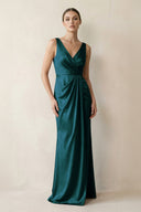 V - Neck Satin Ruched Sheath Bridesmaid Dress in Pine - KissProm Bridesmaid Dresses