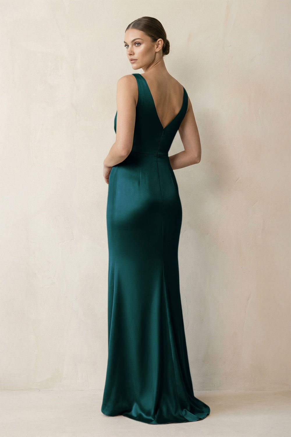 V - Neck Satin Ruched Sheath Bridesmaid Dress in Pine - KissProm Bridesmaid Dresses