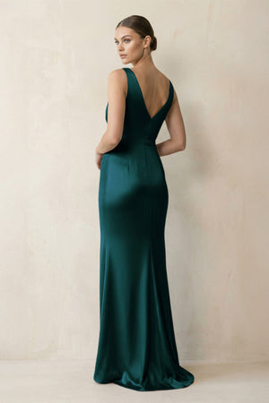 V - Neck Satin Ruched Sheath Bridesmaid Dress in Pine - KissProm Bridesmaid Dresses